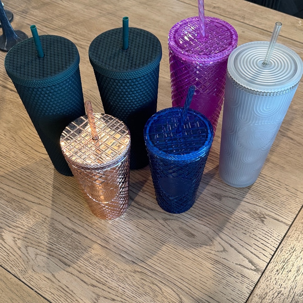 (6) Starbucks Textured Tumblers - 2- Green, Purple, Blue, Grey, Gold